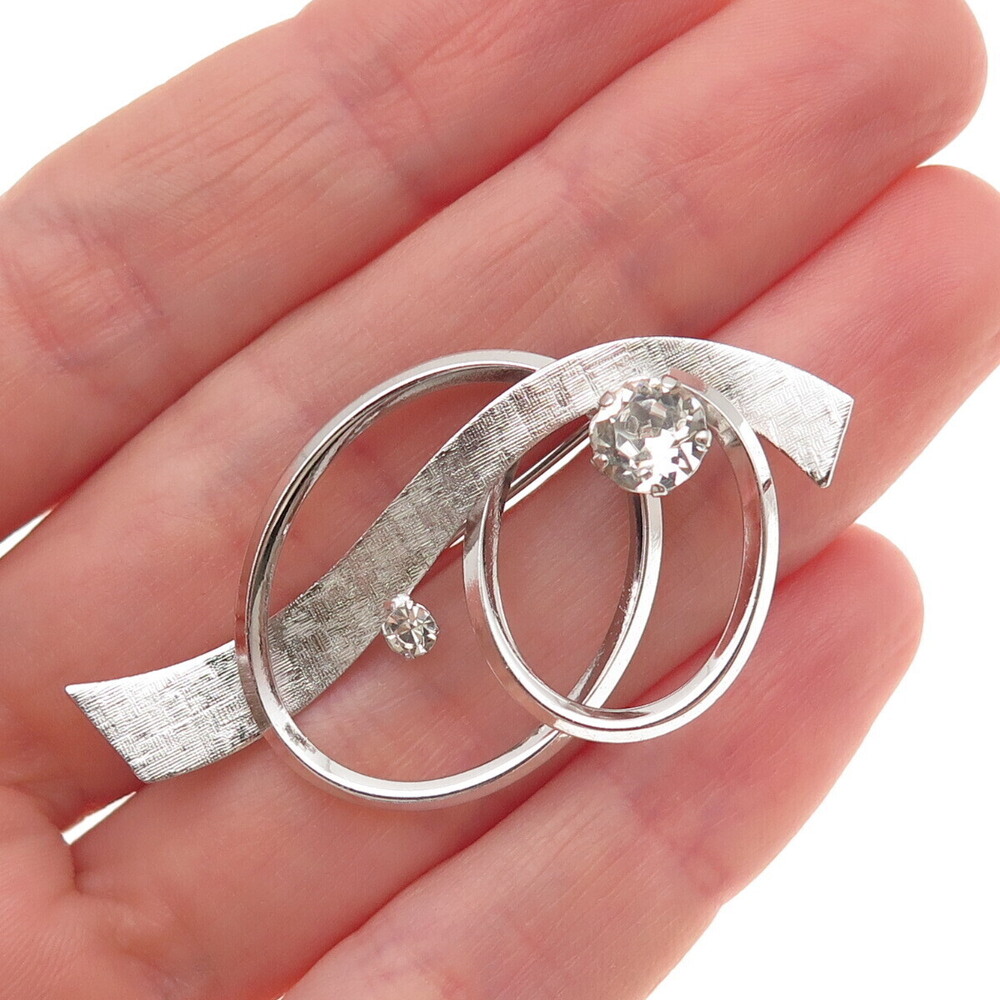 Van Dell 925 Sterling Silver Vintage Rhinestone Ribbon Pin Brooch